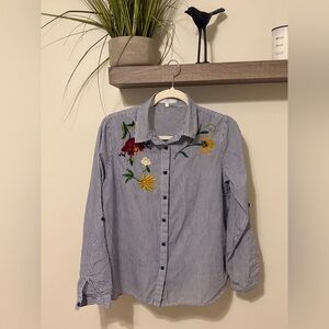 Vintage Embroidered Blue & White Striped Button-Down Shirt